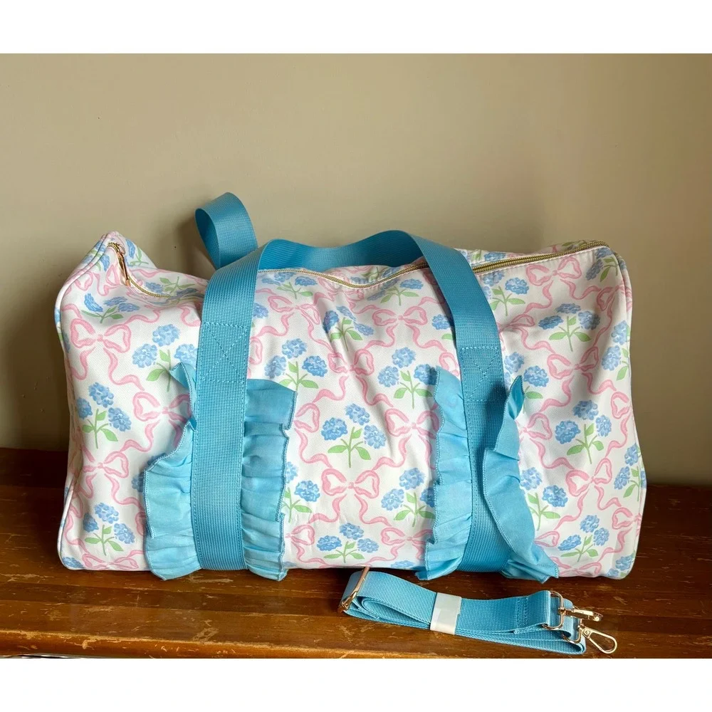 Blue Floral Pink Bow‎ Ruffle Duffel Bag Travel Carry On Weekender Gym Bag 18x10